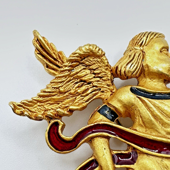Vintage Museum of American Folk Art Angel Trumpeting Brooch Gold Tone Enamel - Picture 3 of 15